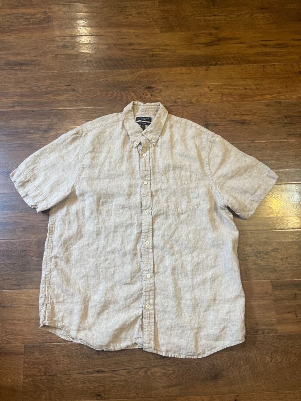 Banana Republic Linen Standard Fit Short Sleeve Button Shirt Tan Sz XL Tall